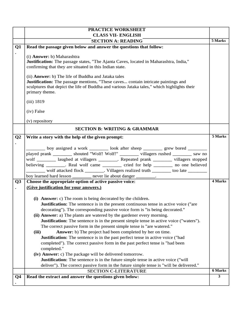 Class VII English Practice Worksheet | PDF | Grammar | Linguistics