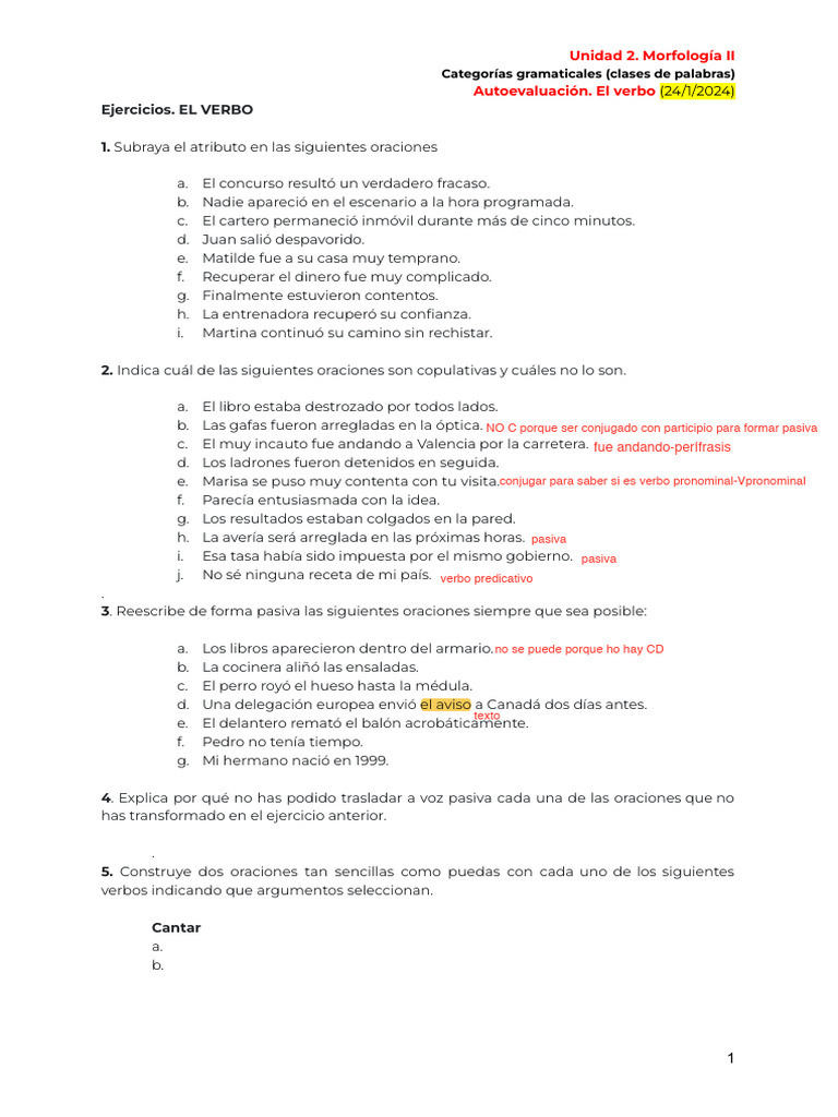 Ejercicios de Morfología y Verbos | PDF | Verbo | Adjetivo