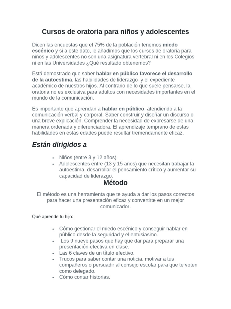 Cursos de Oratoria para Niños y Adolescentes | PDF | Hablar en público ...
