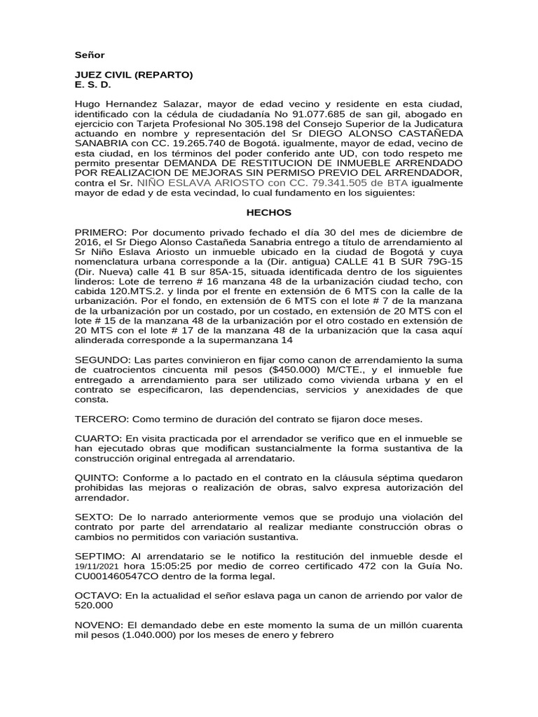 Demanda de Restitución de Inmueble Arrendado | PDF