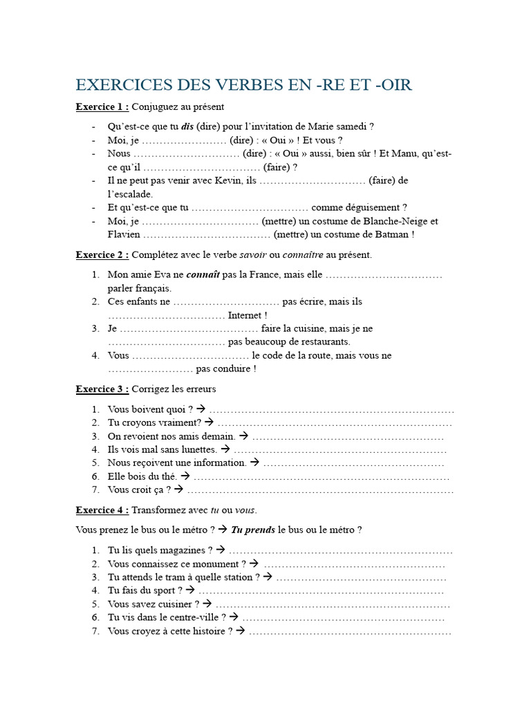 Exercices Des Verbes en - Re Et - Oir | PDF