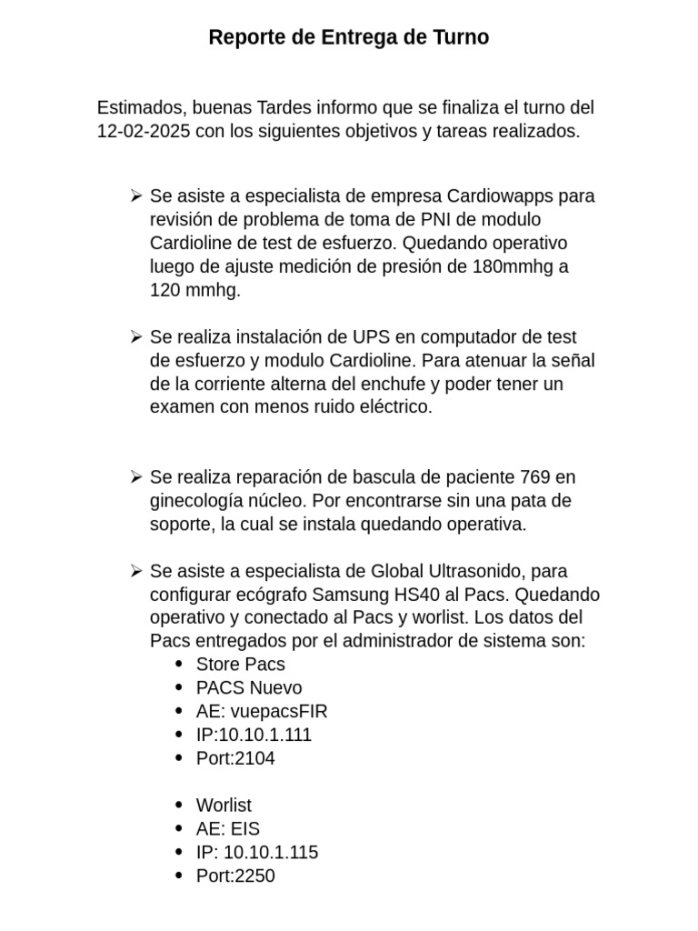 Reporte de Entrega de Turno | PDF