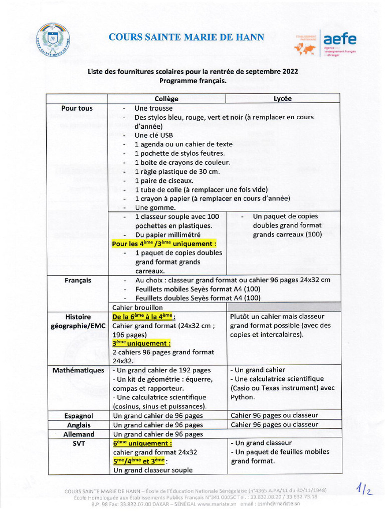 Liste Des Fournitures Rentrée 2022 CSMH | PDF