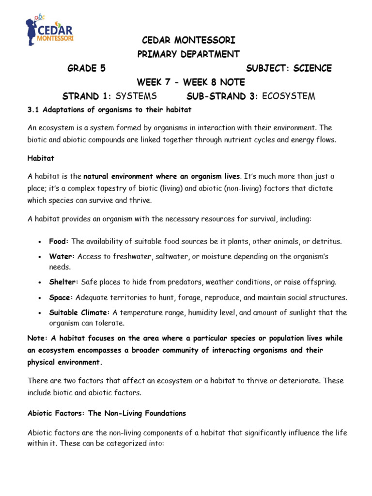 Ecosystem and Habitat Overview for Grade 5 | PDF | Habitat | Ecosystem