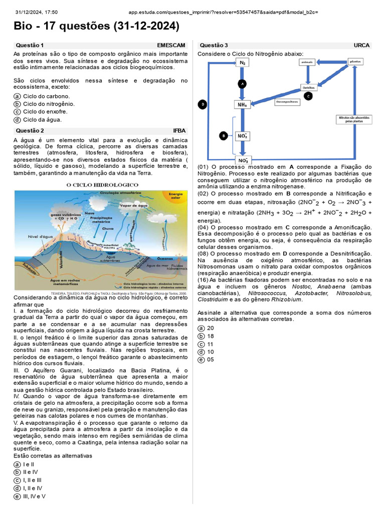 Questões de Biologia sobre Ciclos Biogeoquímicos | PDF | Nitrogênio | Água