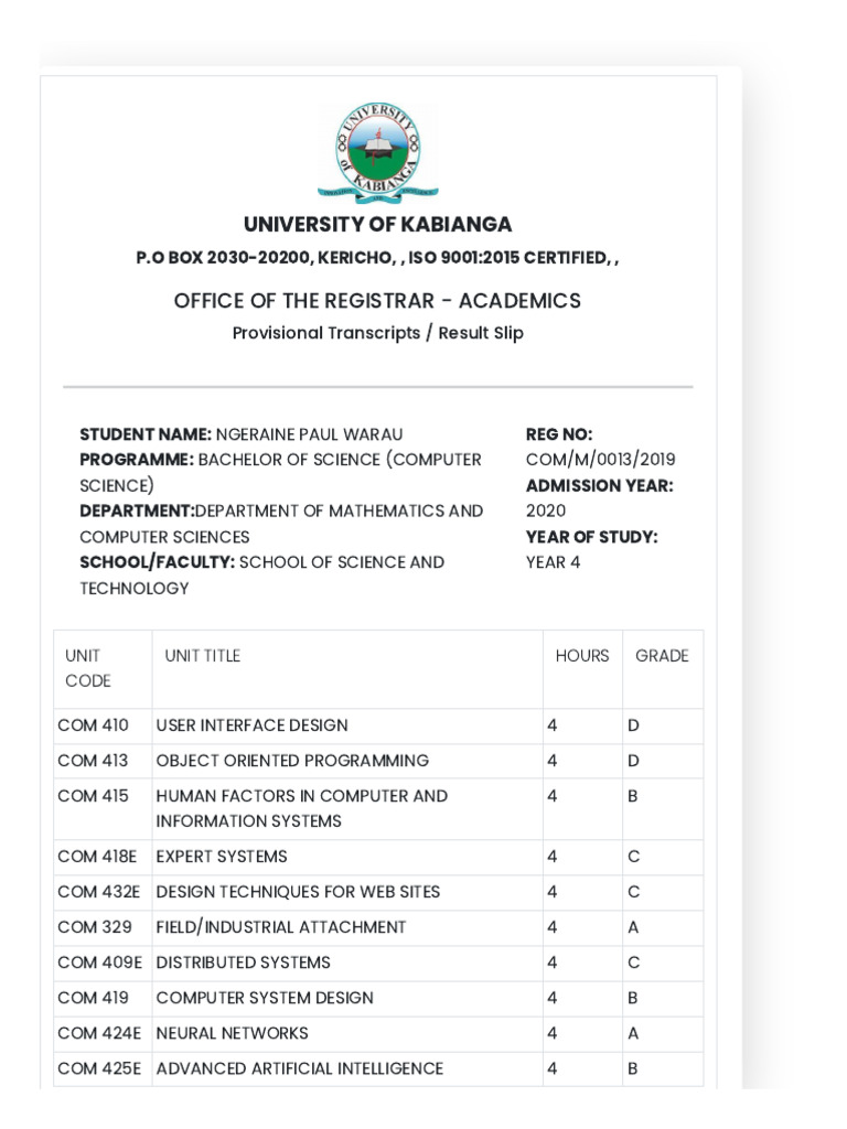 Kabianga University Provisional Transcript | PDF | Computer Science ...