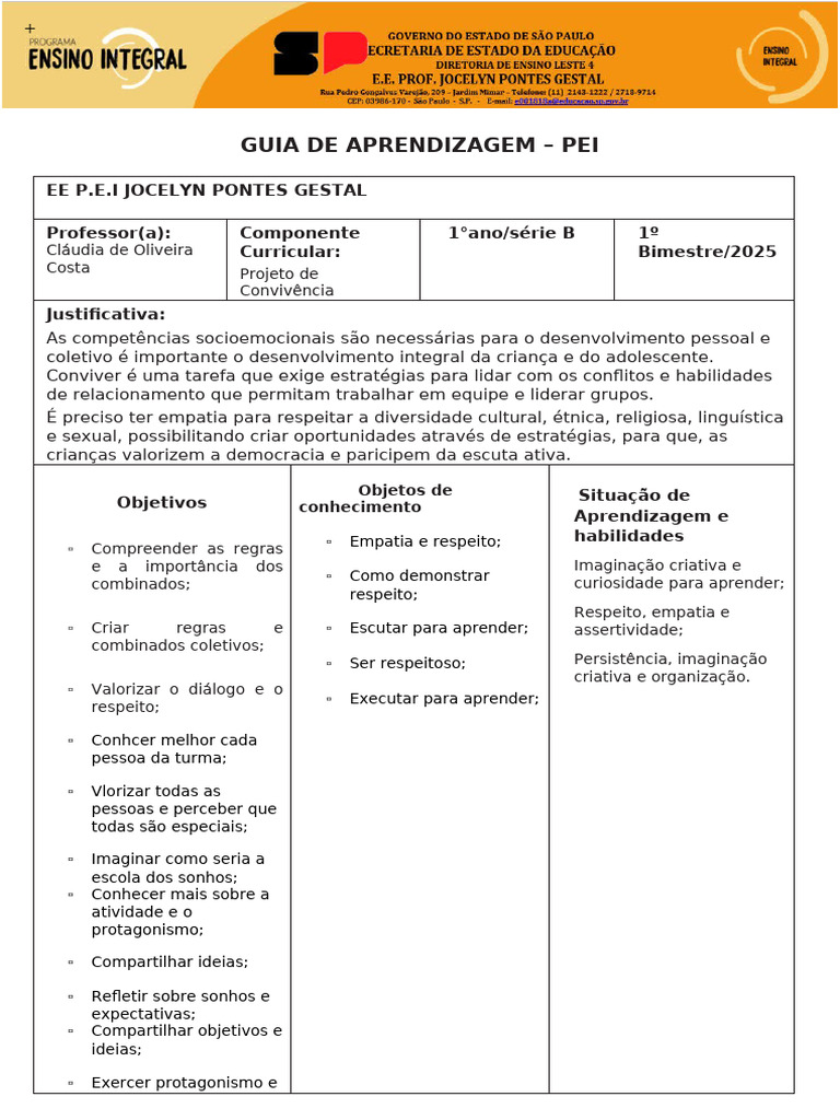 Projeto de Convivência 1º Ano 2025 | PDF | Aprendizado | Empatia