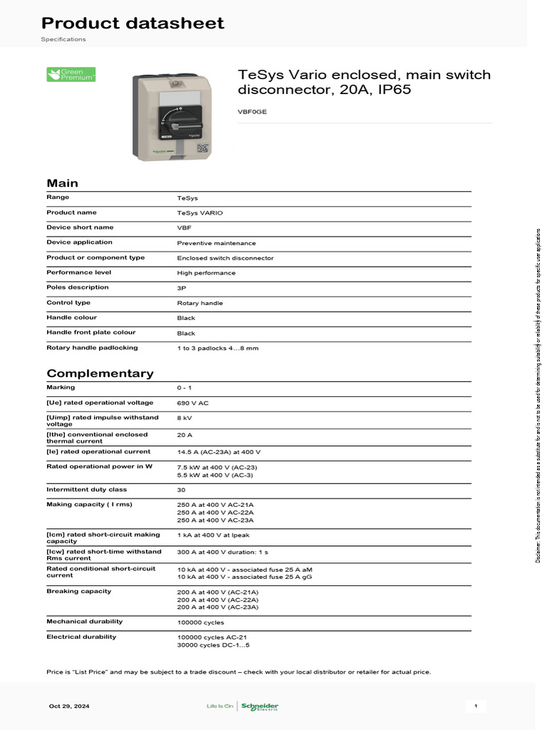 TeSys Vario 20A Switch Disconnector | PDF | Electricity | Electrical ...