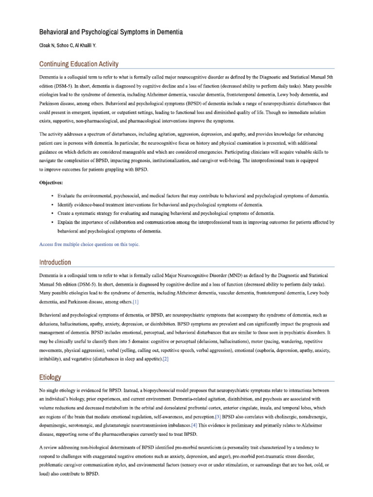 Behavioural and Psychological Symptoms in Dementia | PDF