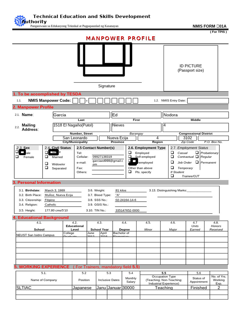 Tesda Manpower Profile Has Sign, Sss No and Tin Number | PDF