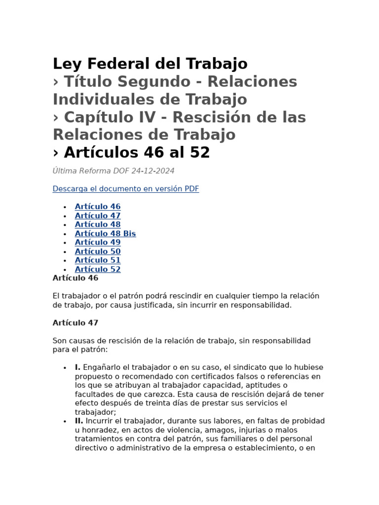 Rescisión de Relaciones Laborales en México | PDF