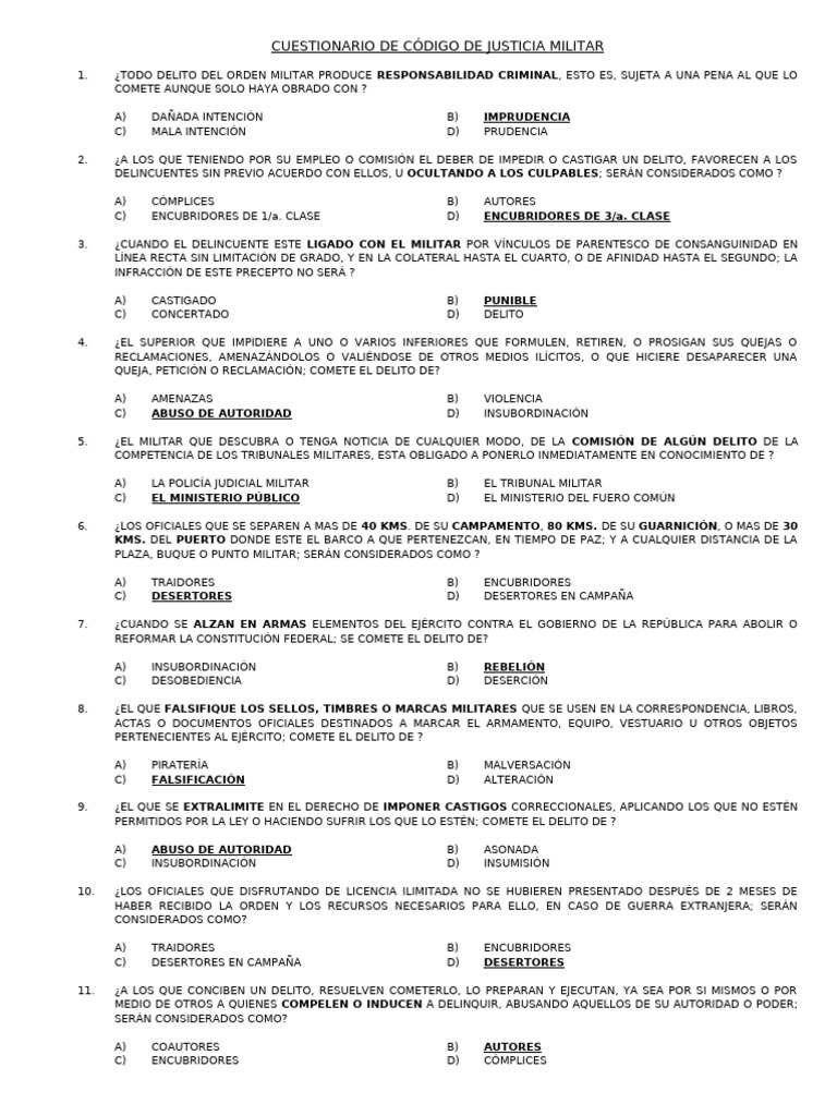 Cuestionario sobre Justicia Militar | PDF | Deserción | Robo