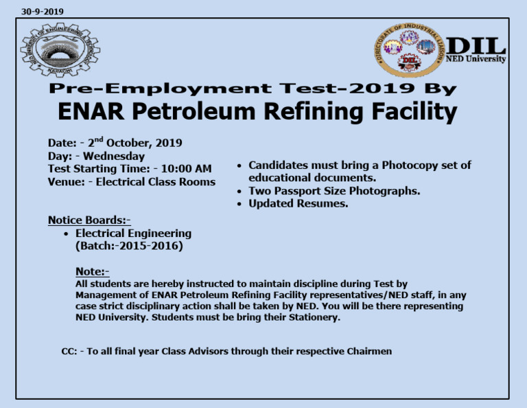ENAR Petroleum Pre-Employment Test 2019 | PDF