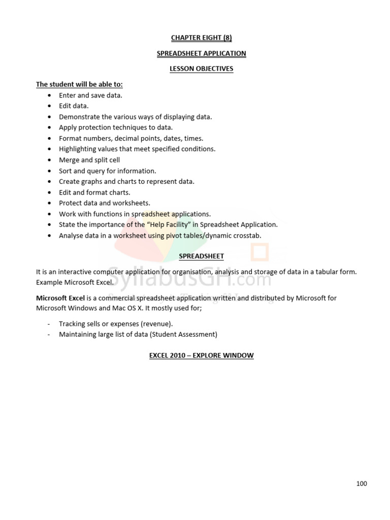 Excel 2010 Spreadsheet Application Guide | PDF | Microsoft Excel ...