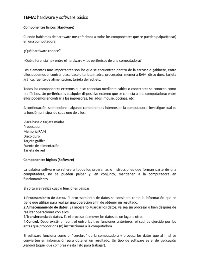 HARDWARE Y SOFTWARE BÁSICO | PDF | Hardware de la computadora | Periférico