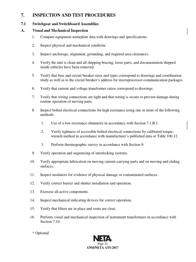 NETA ATS-2017 Inspection Procedures | PDF | Transformer | Electrical Wiring