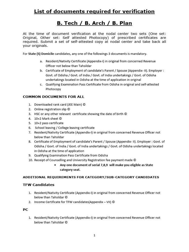 OJEE 2017 Documents Required For Verification | PDF | Qualifications