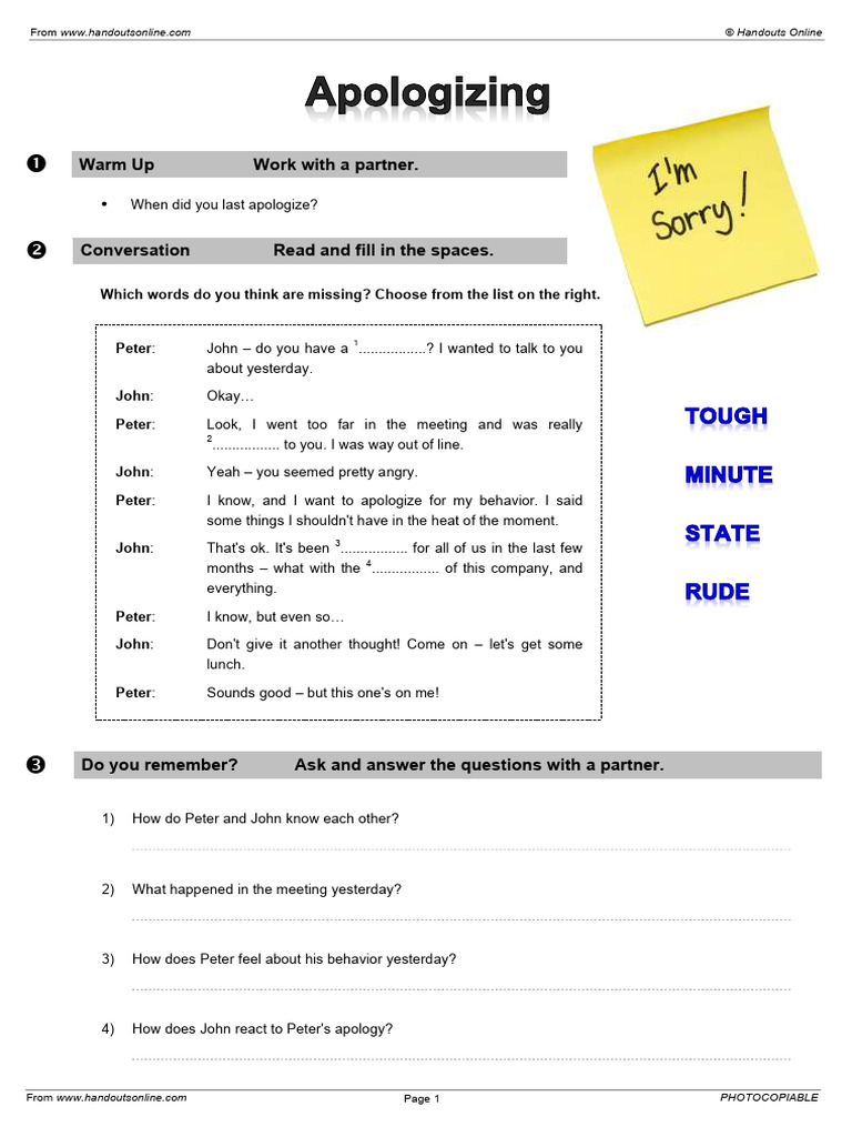 Apologizing: Expressions and Exercises | PDF | Question | Human ...