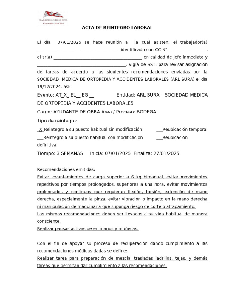 Acta de Reintegro Laboral Alex Padilla | PDF