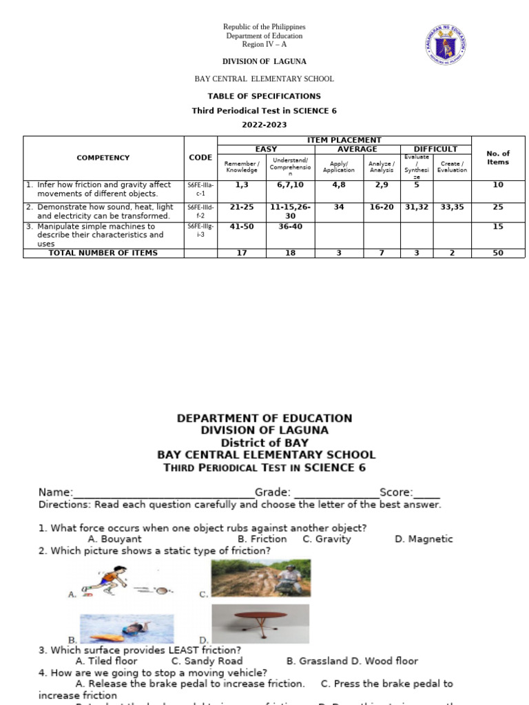 Science 6 Third Periodical Test Guide | PDF | Friction | Machines