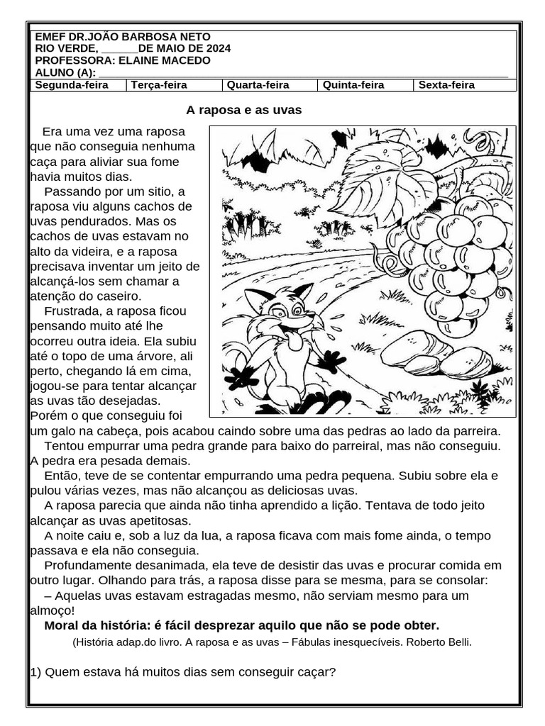 Fábula "A Raposa e as Uvas" para Educação Infantil | PDF | Uva