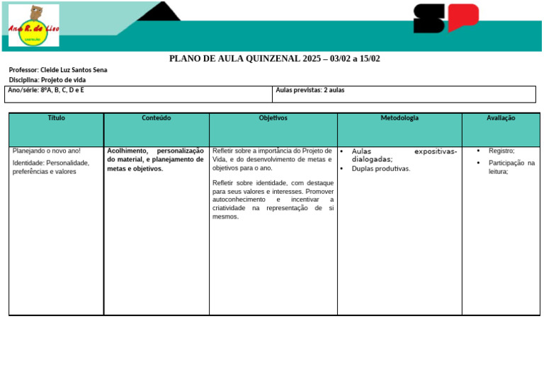 Plano de Aula: Projeto de Vida 8º Ano | PDF