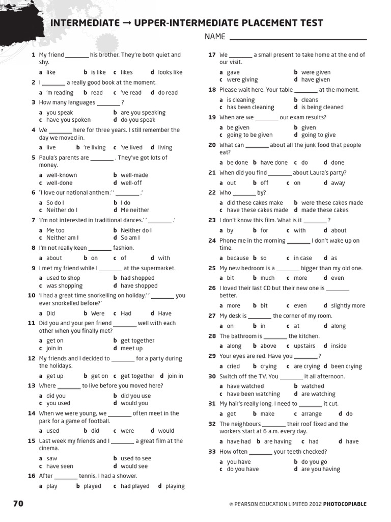 Intermediate Placement Test Questions | PDF