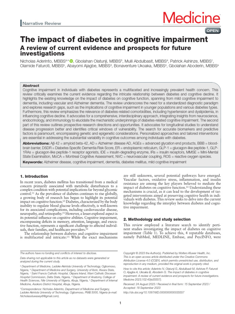The Impact of Diabetes in Cognitive Impairment A.62 | PDF | Diabetes ...