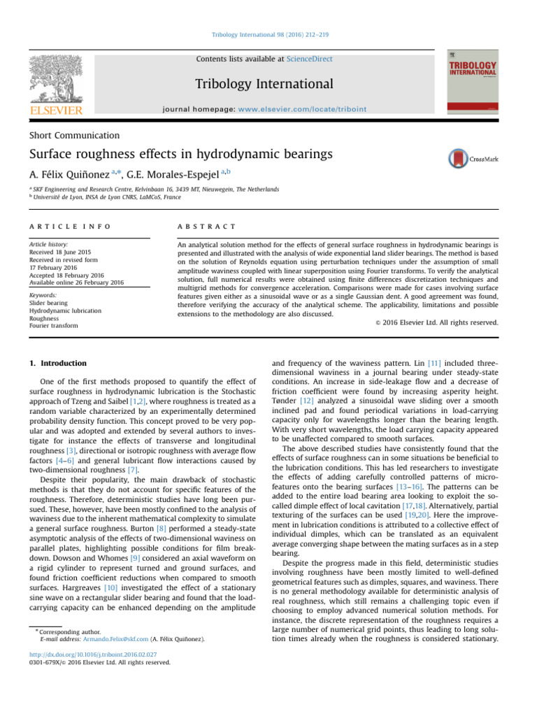 Surface Roughness Effect in Hydrodynamic Bearings | PDF | Fluid ...