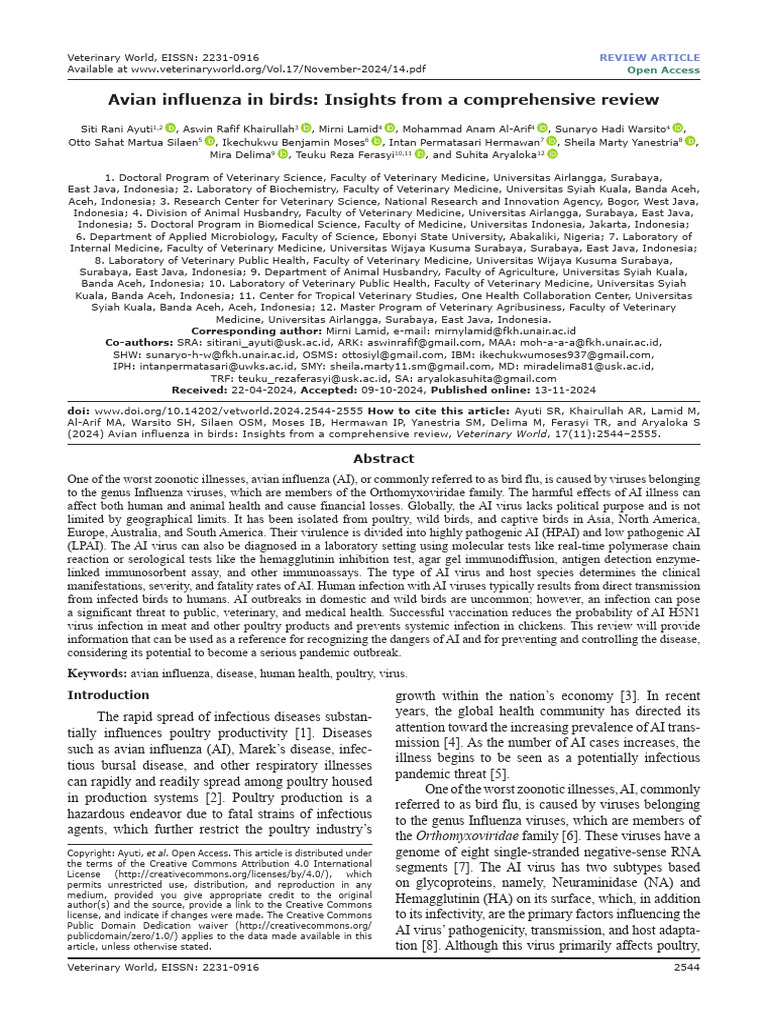 Avian Influenza: A Comprehensive Review | PDF | Avian Influenza | Influenza