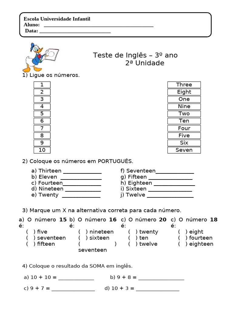 Teste de Inglês para 3º Ano - Números | PDF