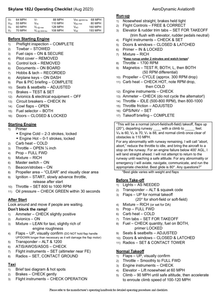 C182 Checklist 2023 | PDF | Takeoff | Transponder (Aeronautics)