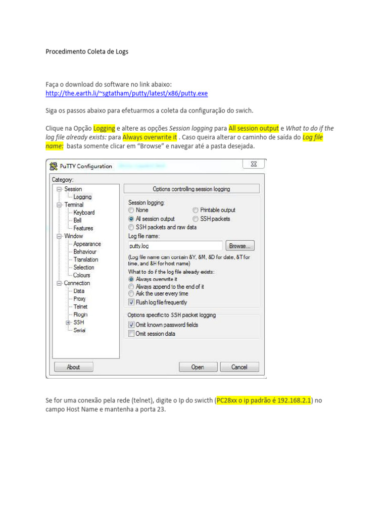 Coleta de Logs de Switch com PuTTY | PDF
