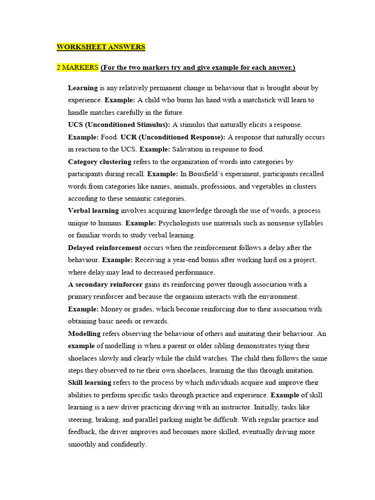 WORKSHEET ANSWERS PDF Classical Conditioning Learning