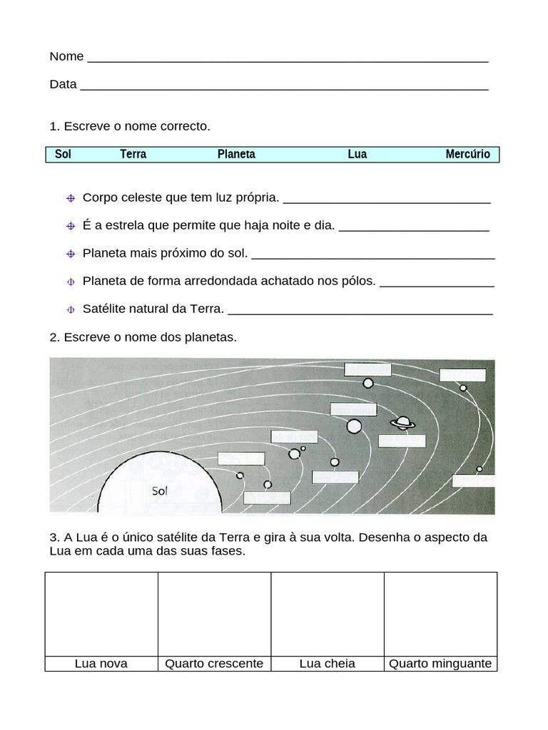 Atividades sobre o Sistema Solar 4º Ano | PDF