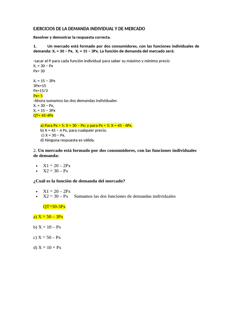 Ejercicios de Demanda y Equilibrio de Mercado | PDF | Microeconomía ...