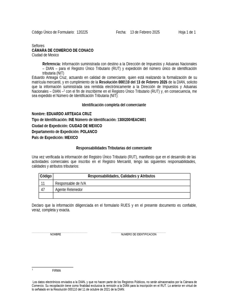 Solicitud de RUT y NIT para Comerciante | PDF