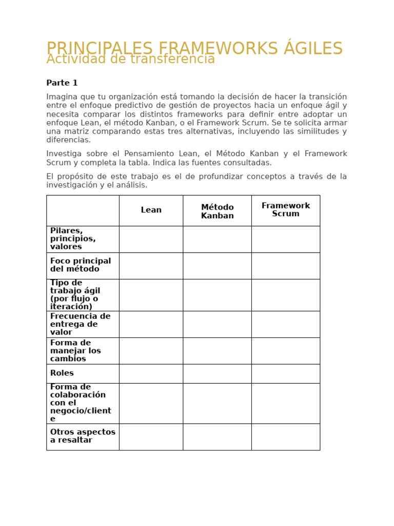 Comparativa de Frameworks Ágiles: Lean, Kanban y Scrum | PDF
