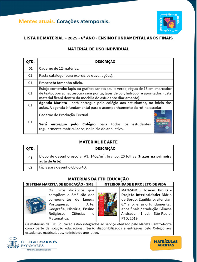 Lista de Materiais 6º Ano 2025 | PDF