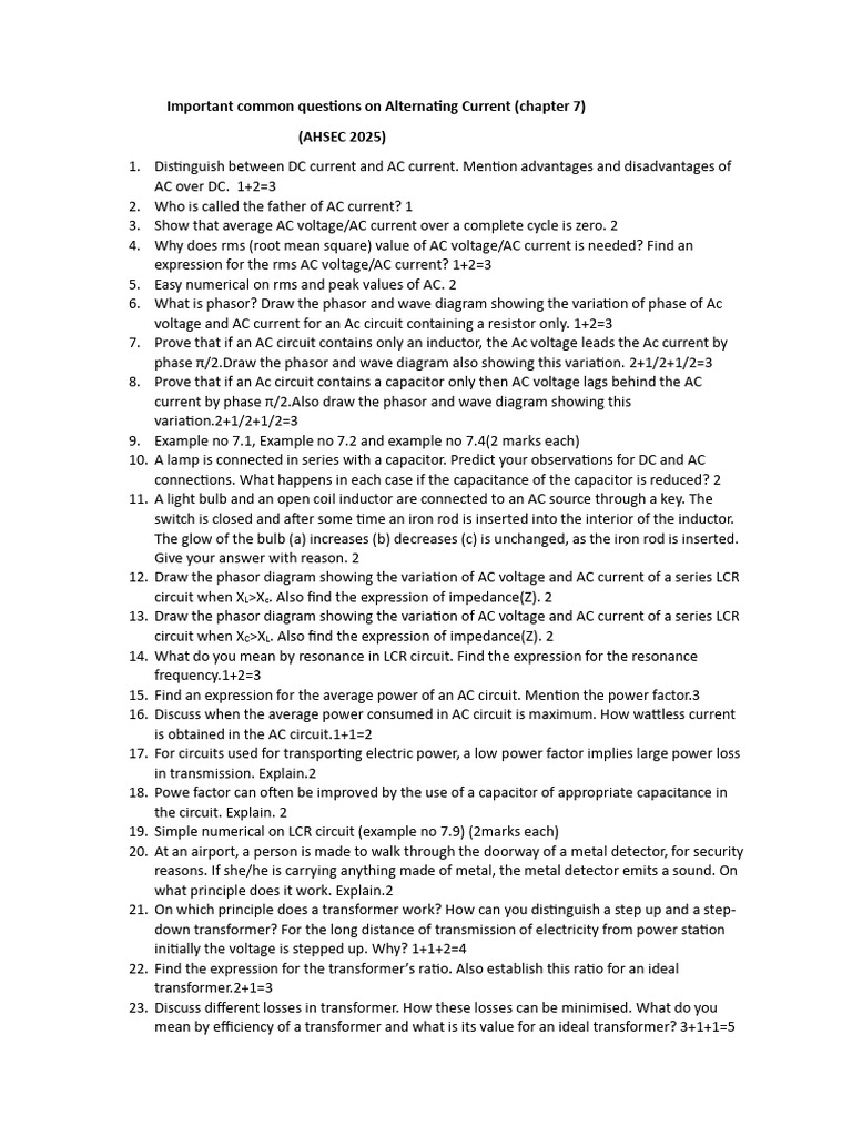 AC Current: Key Concepts & Questions | PDF | Alternating Current ...