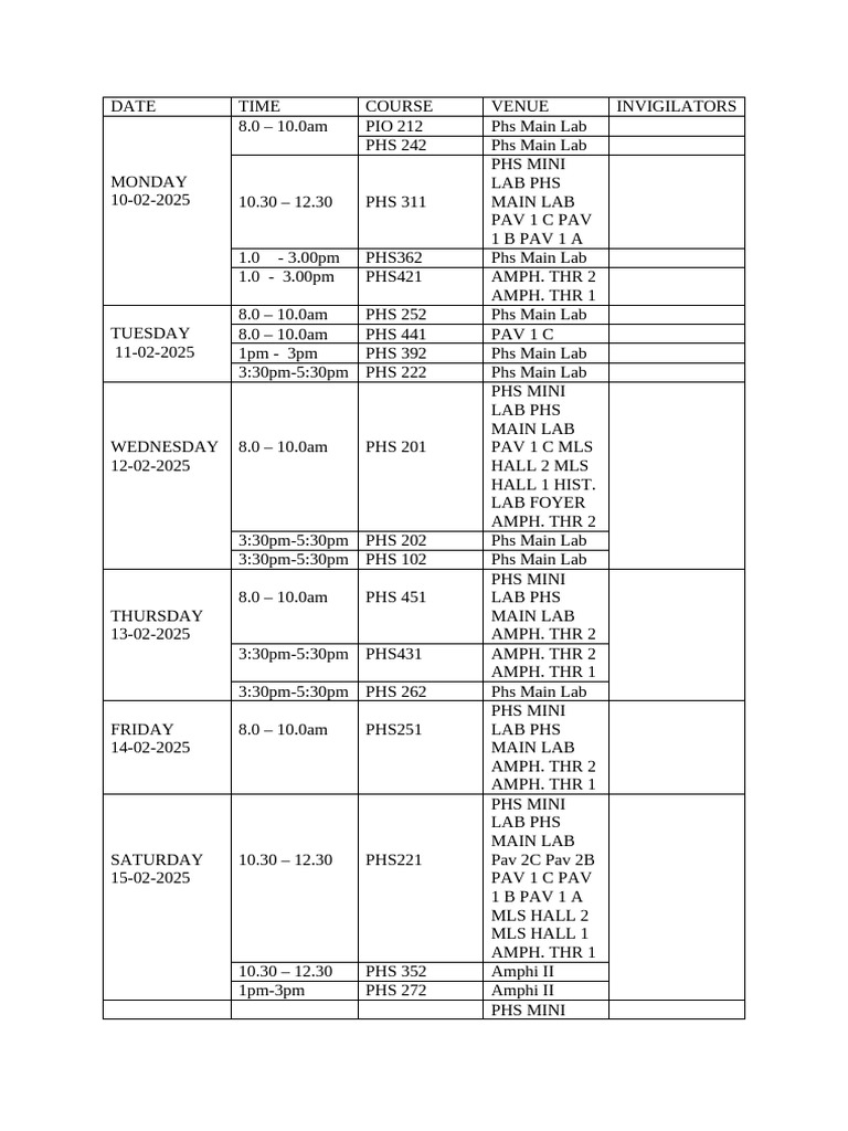 Exams Timetable Febuary 2025 New | PDF