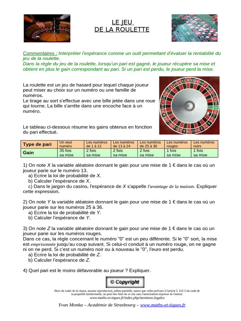 Espérance et rentabilité à la roulette | PDF | Roulette | Espérance ...