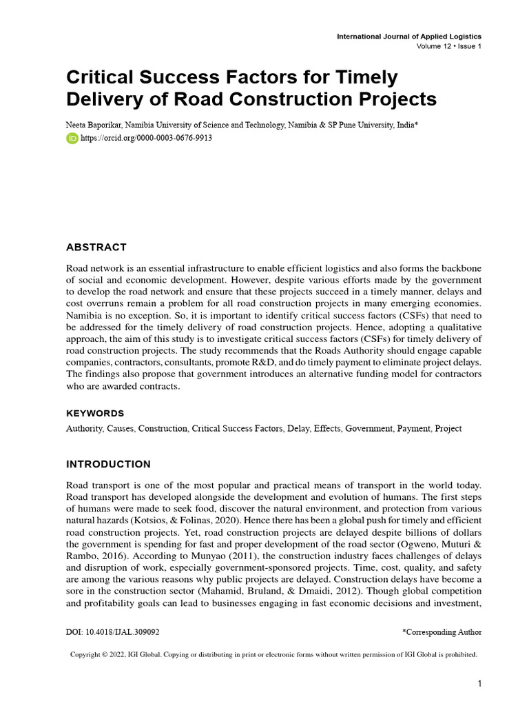 Critical Success Factors For Timely Delivery of Road Construction ...
