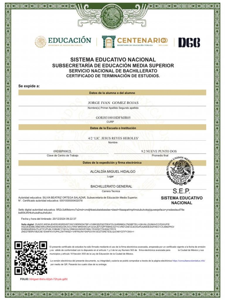 Certificado de Bachillerato Jorge Iván | PDF | Autenticación