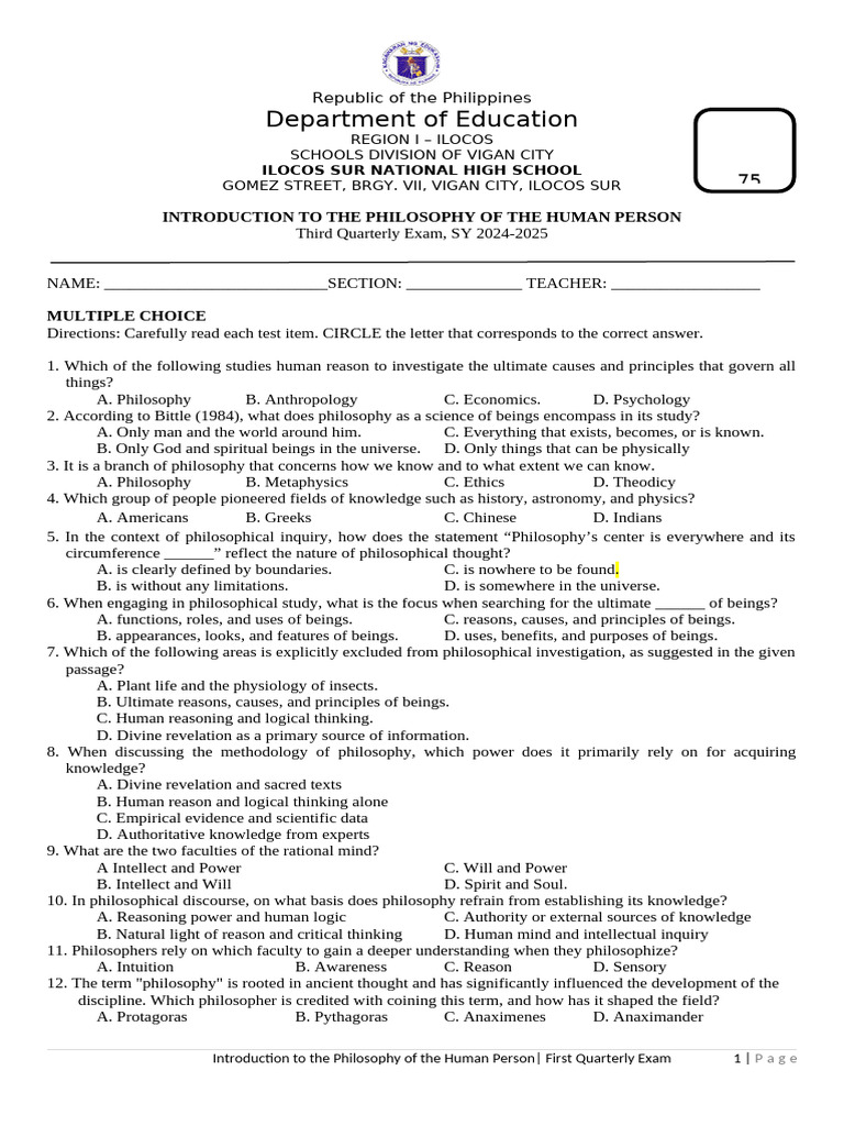Philosophy of the Human Person Exam | PDF | Truth | Reason