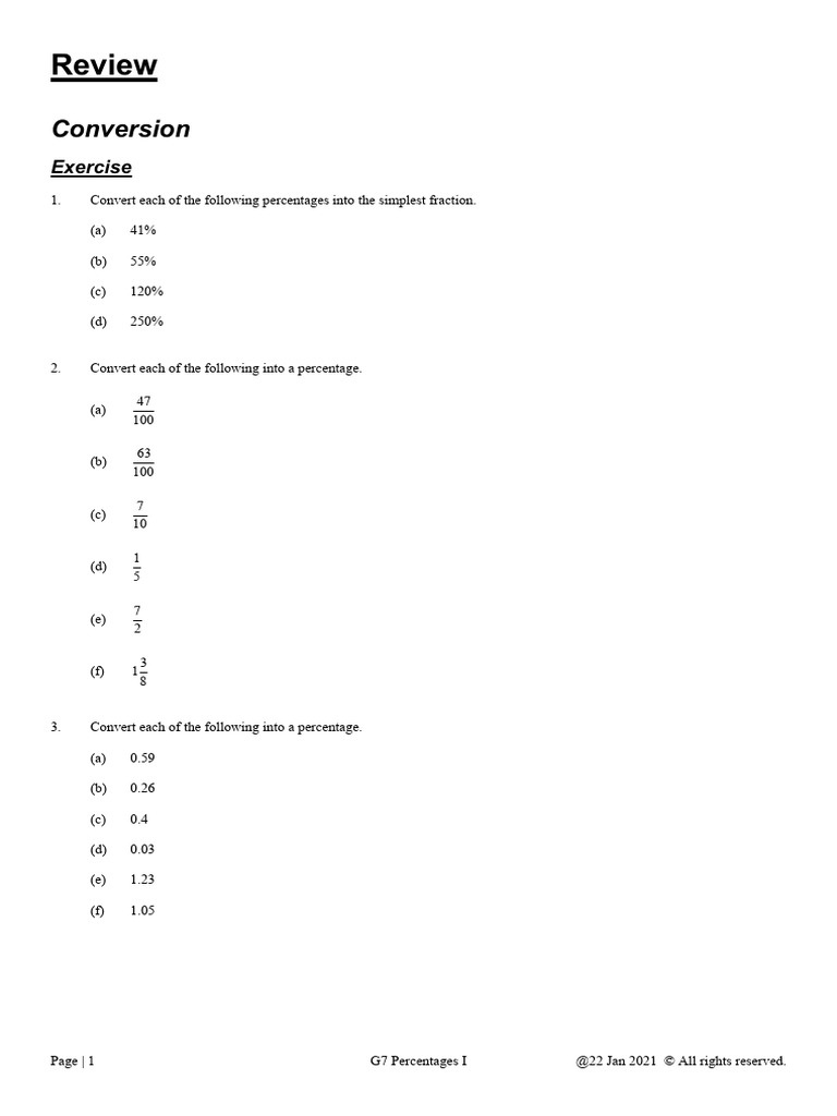 G7 Percentages Conversion Exercises | PDF