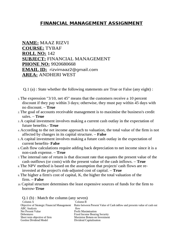 Financial Management Assignment by Maaz Rizvi | PDF | Net Present Value ...