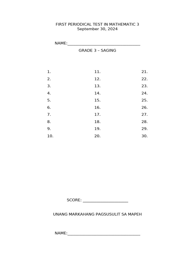 Grade 3 Math & MAPEH Test Template | PDF