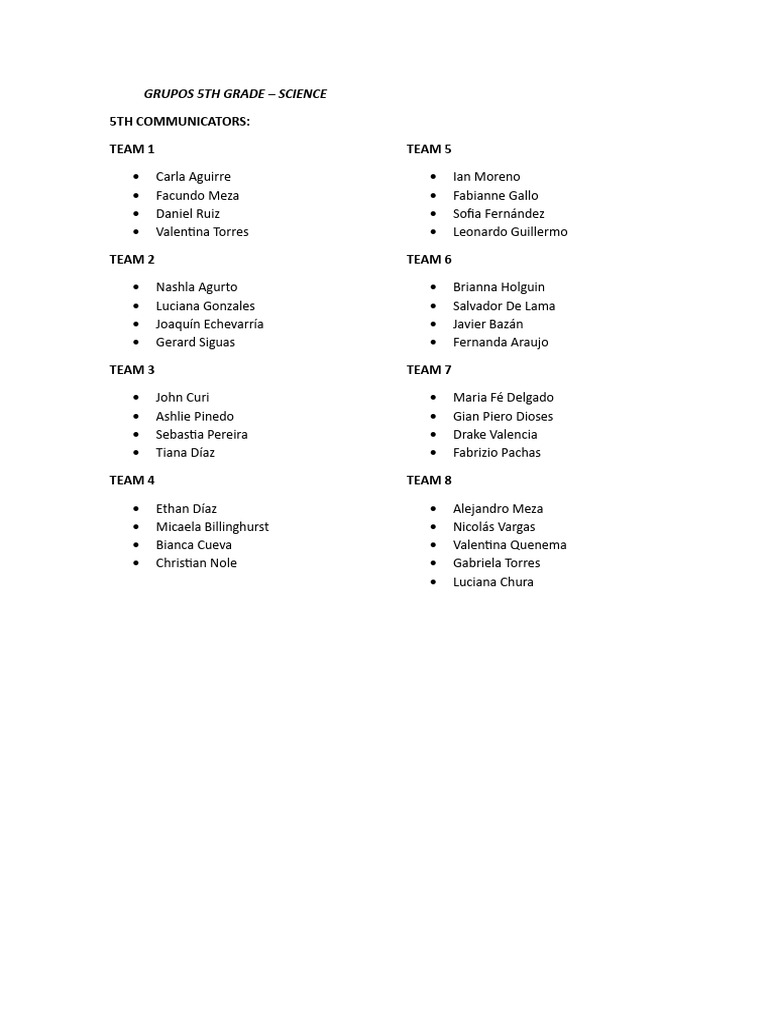 5th Grade Science Team Assignments | PDF