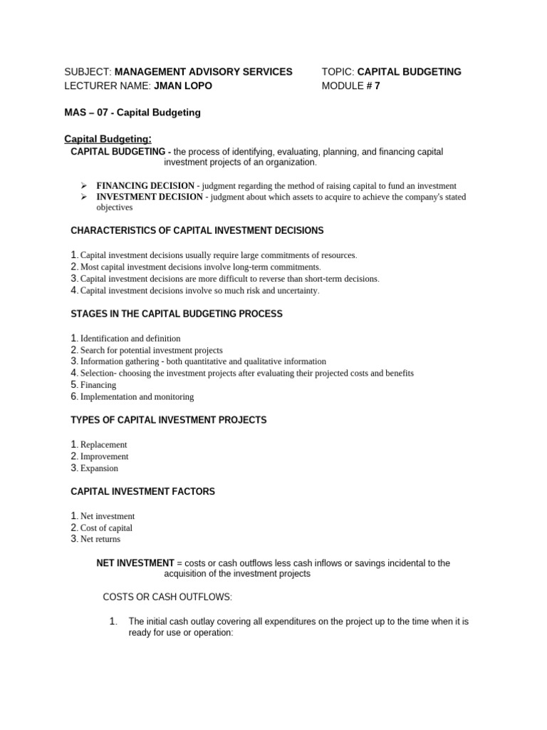 Capital Budgeting Management Guide | PDF | Net Present Value | Internal ...